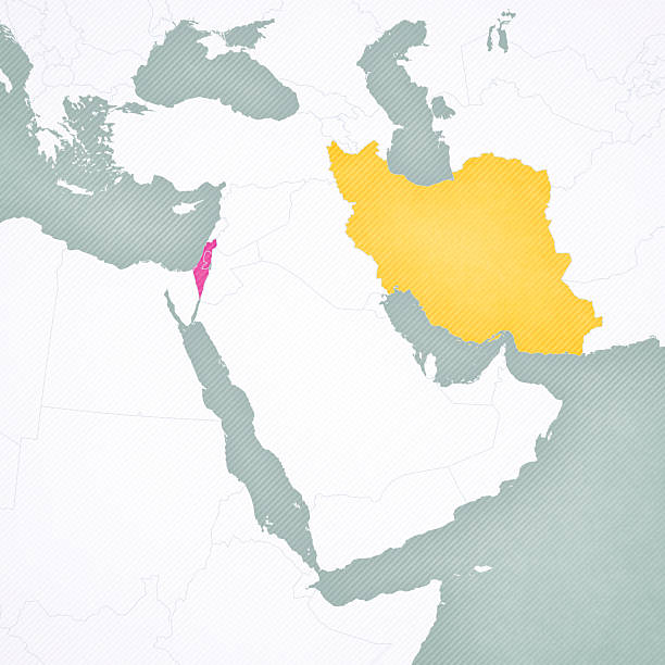 Israel and Iran on the map of Middle East (Western Asia) with softly striped vintage background.