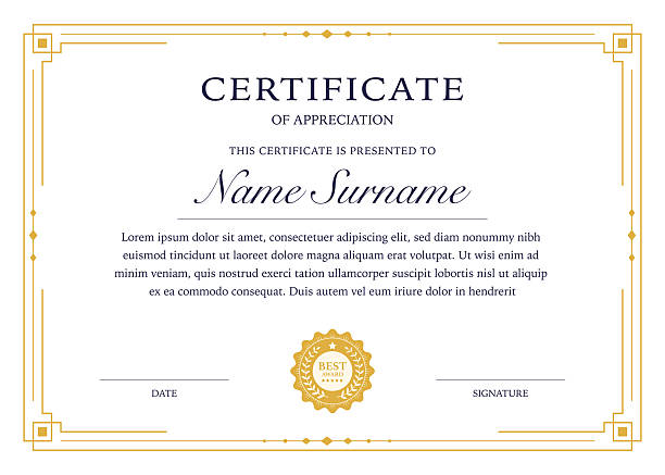 A minimalist vector illustration of a certificate of appreciation. Features a thin gold-colored geometric border with symmetrical corner accents and a 