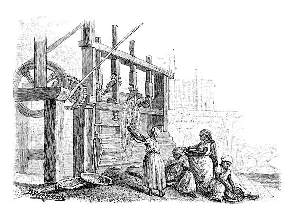 An engraving from the 19th century shows women processing rice with traditional machinery. The illustration depicts rice production in a historical context.