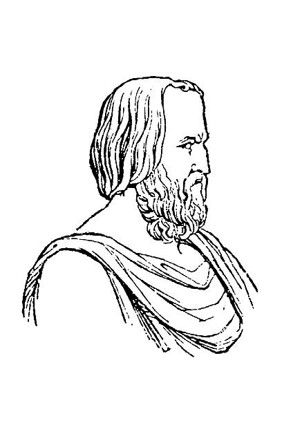 Spartan lawgiver Lycurgus depicted with a full beard, wearing classical draped attire, and characterized by detailed hair and a solemn, thoughtful expression, old vintage illustration, 1897.