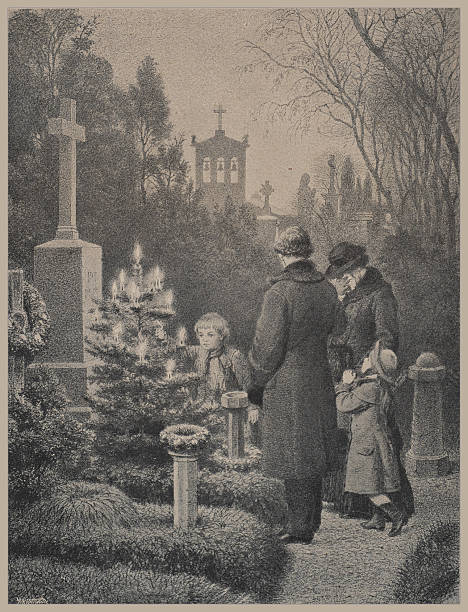 A 19th-century engraving depicts a family at a cemetery grave decorated with a Christmas tree and candles, mourning a loved one. The scene evokes themes of remembrance, grief, and tradition.