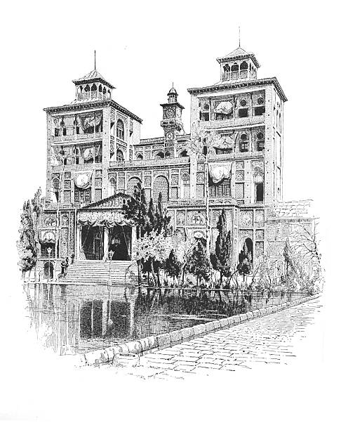 Detailed engraving of a 19th-century palace in Tehran, Persia, showcasing elaborate architecture, reflecting gardens, and intricate details of royal residence.