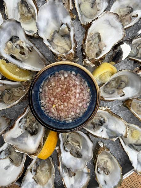 Fresh oysters served on ice with sauce