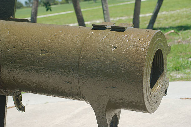 Large historic coastal mortar cannon mounted in a concrete fort battery emplacement, surrounded by weathered walls and vegetation, evoking military history, coastal defense and vintage engineering details.