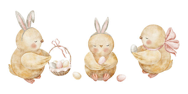 Set of Easter chicks in bunny ears holding colorful eggs. Watercolor illustrations in childlike style. Hand-drawn isolated from background for design holiday card, posters, banners, tableware clothing