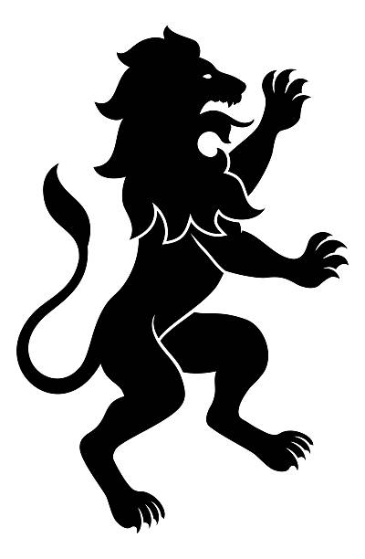A heraldry coat of arms crest style rearing heraldic lion standing rampant on hind legs in a vintage woodcut style
