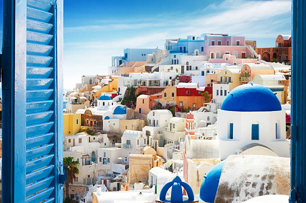 cityscape of Oia, traditional greek village of Santorini, Greecer, toned