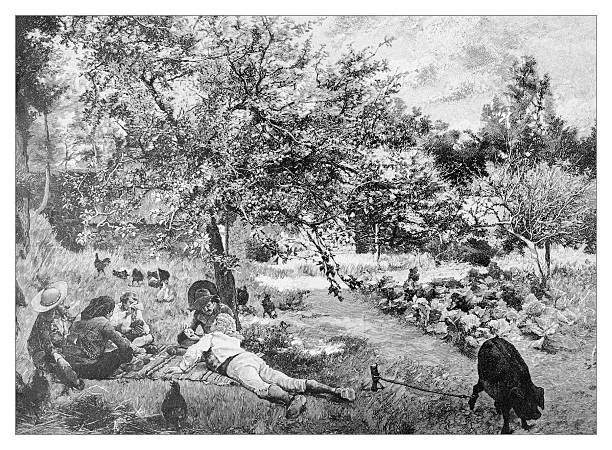 An idyllic 19th-century engraving depicts men relaxing outdoors with a pig on a leash, surrounded by chickens and lush trees in a rural setting.