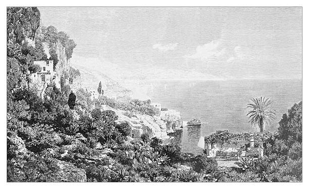 Detailed 19th-century engraving of the Amalfi Coast in Italy, showcasing the dramatic cliffs, architecture, and rich vegetation along the coastline. The artwork captures the scenic beauty of the region.