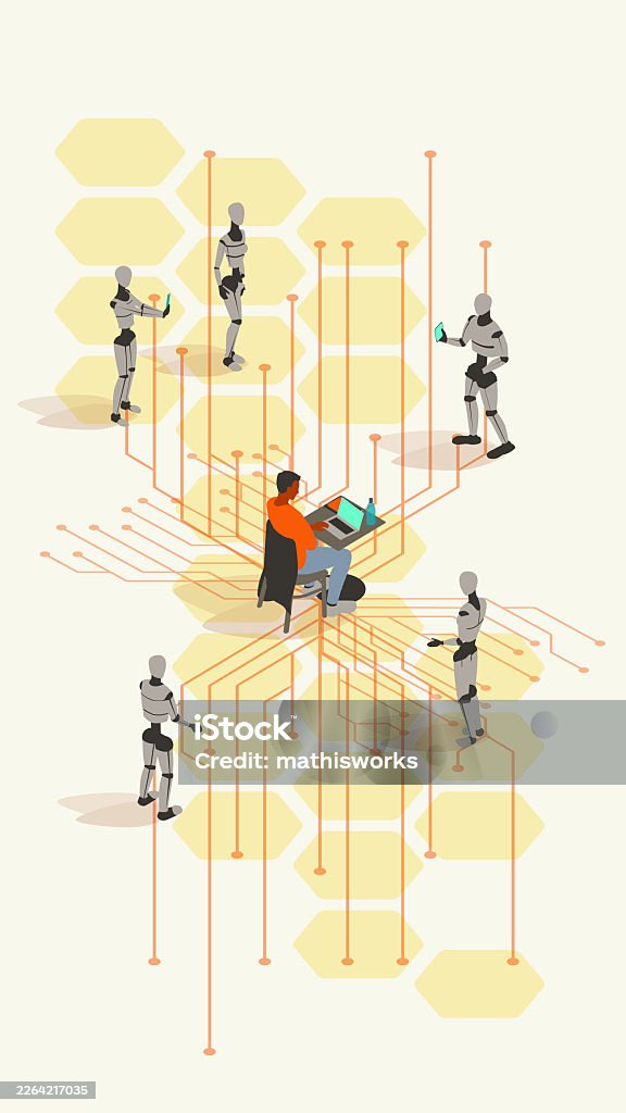 AI adoption One person sits at a small table using a laptop, while circuits extend out to five humanoid robots. Artwork illustrates the concept of AI adoption, as the casual and relaxed user is engaging with multiple AI tools. Note: the person in this illustration was drawn from real life by the illustrator, and converted to vector artwork by hand, without the use of photos. All elements are original creations of the illustrator. Concepts stock vector AI adoption One person sits at a small table using a laptop, while circuits extend out to five humanoid robots. Artwork illustrates the concept of AI adoption, as the casual and relaxed user is engaging with multiple AI tools. Note: the person in this illustration was drawn from real life by the illustrator, and converted to vector artwork by hand, without the use of photos. All elements are original creations of the illustrator. Concepts stock vector