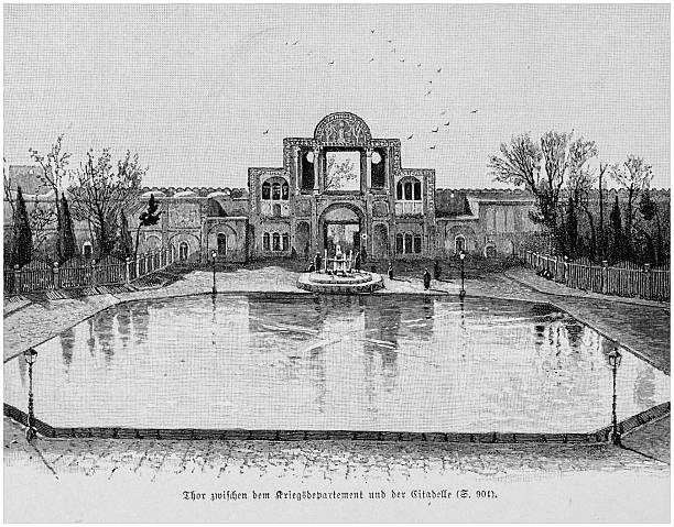 An engraving from the 19th century depicts a Persian palace with a reflecting pool, showcasing Qajar era architecture and garden design in Iran.