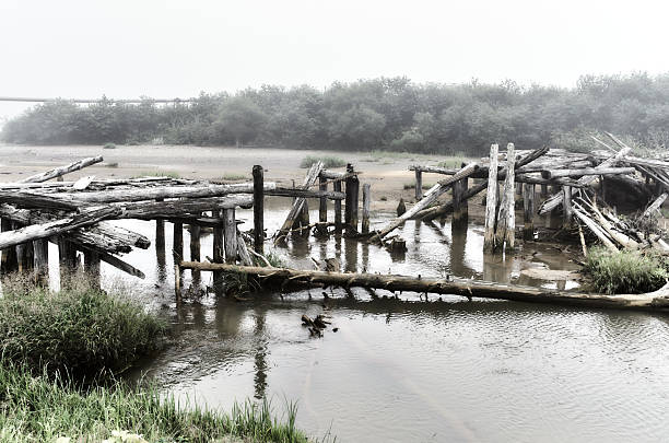 Old ruined wooden bridge over a small river, dark bushes and mist in background