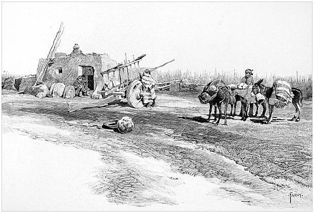 An antique engraving depicts a Native American scene with an adobe house, a cart, and donkeys. This 19th-century illustration offers a glimpse into indigenous life, featuring traditional architecture and transport.