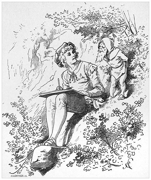 A 19th-century engraving depicts a young artist sketching outdoors, observed by a dwarf. The scene captures a moment of artistic creation in a natural setting, with a touch of fantasy.