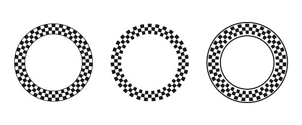 Set of round frames with black and white checkered print isolated on white background. Vignettes with race flag or chessboard pattern. Circular geometric frameworks. Vector graphic illistration.