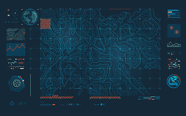 techTerrian warfare tech or military technology, graphic of terrain map with topographic interface modern warfare stock illustrations