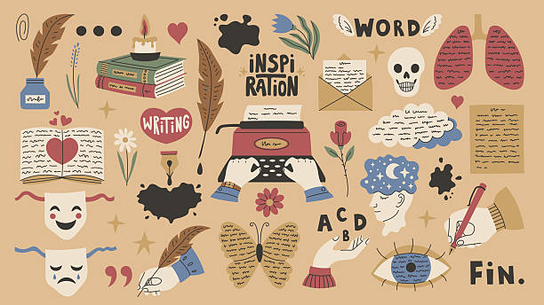 Hand Drawn Dark Academia, Poetcore Symbols and Writer Equipment Collection. Colorful creativity Inspiration icons and stickers