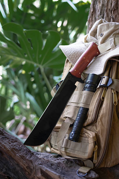 A machete knife and a hiking backpack rest on a log.