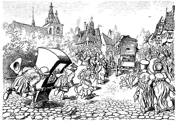 Dynamic 1890 engraving portraying a lively village procession with townspeople, a covered cart, and historic architecture in the background.