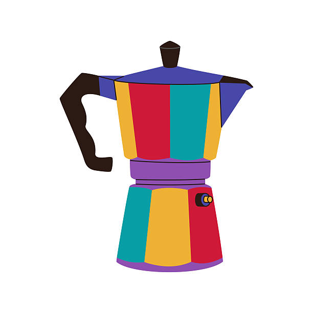 Colorful geyser coffee maker. Equipment for making espresso drink. Retro style. Hand drawn vector illustration isolated on white background, modern flat cartoon style.