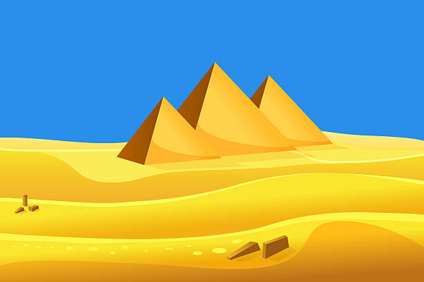Cartoon style Egyptian pyramids in the desert with blue sky. Vector illustration
