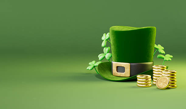 Minimal St Patricks Day scene for banner design with green leprechaun hat, shamrocks and stacked gold coins on soft green background with copy space in 3D illustration