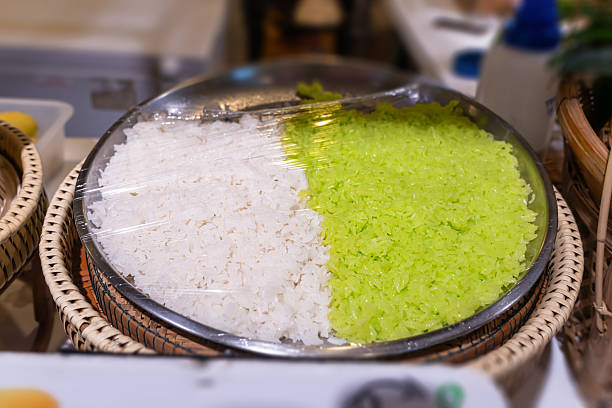 Sweet sticky rice or khao niao, which is the base for many popular Thai desserts. The food court features preparations for dishes such as Khao Niao Mamuang rice with mango or rice with Thai custard
