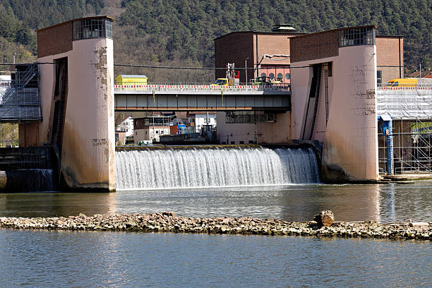 Weir and lock on the Neckar River near Hirschhorn during renovation, germany
