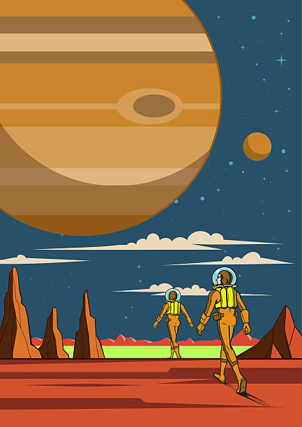 A retro style vector illustration of two astronauts exploring a new planet on foot from rear view. Wide space available for your copy. Human drawn, no generative AI was used.