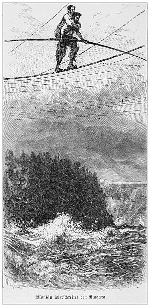 An antique engraving depicts Blondin carrying a man on his back as he crosses Niagara Falls on a tightrope. The scene includes the falls, trees, and sky.