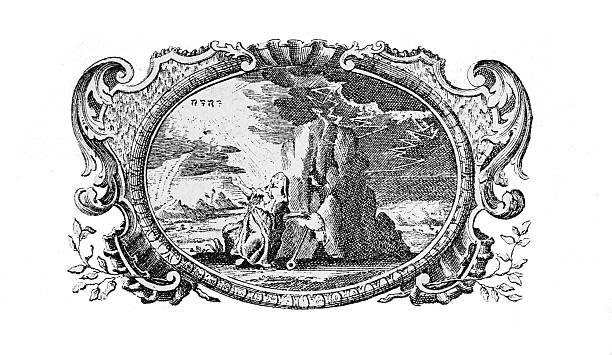 An antique engraving depicts Moses receiving the Ten Commandments on Mount Sinai amidst a dramatic display of lightning. The artwork is framed with ornate details, capturing a biblical scene of revelation and divine law. 19th Century.