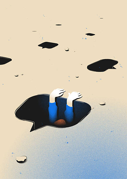 A person has fallen into a hole and is desperately holding on to the edge. The pit has the shape of a speech bubble. Concept illustration: Victim of cybermobbing and hate speech in social media Chat