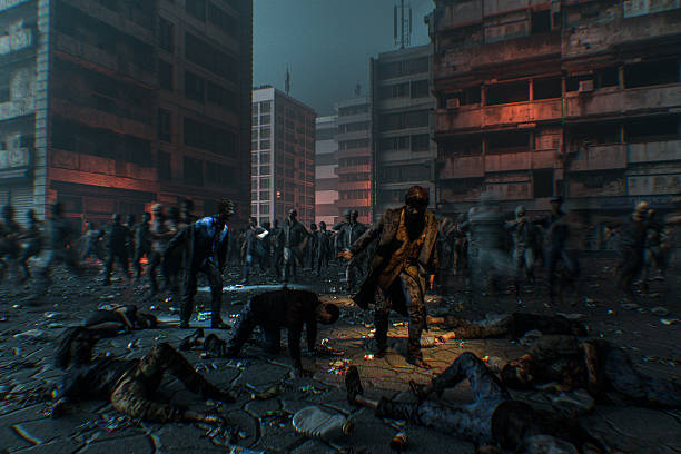 Zombie apocalypse in the city. 3D generated image.