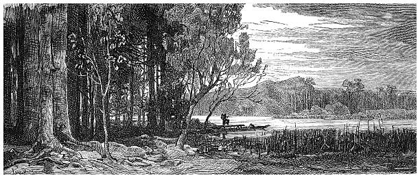 A detailed 19th-century engraving depicts a serene lake landscape in Brandenburg, Germany, featuring figures in a boat, trees, reeds, and distant hills.