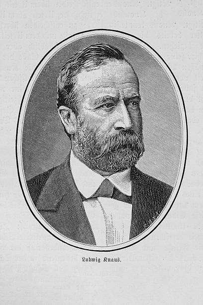 A detailed 19th-century engraving portrays Ludwig Knaus, a renowned German genre painter, set within an oval frame. The artwork captures the essence of the artist's era and prominence.