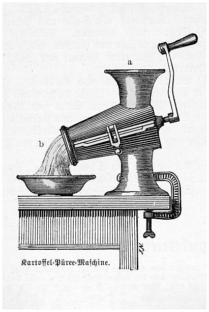 An antique potato puree machine, a kitchen utensil from the 19th century, designed for food preparation and mashing potatoes. 19th Century Engraving.