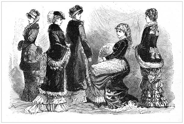 A 19th-century engraving depicts five women modeling winter fashions, including fur-trimmed coats and gowns, showcasing Victorian-era clothing styles.