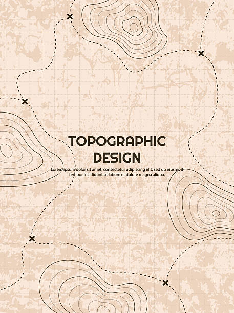 Vector illustration. Vintage topographic map posters. Retro style line patterns, navigation pin markers, and dashed trail routes on a textured beige paper background. Design for magazine or book cover