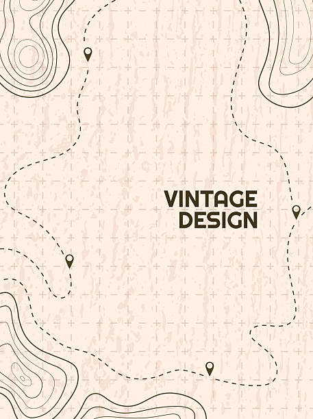 Vector illustration. Vintage topographic map backgrounds. Retro style contour line patterns and dashed trail routes on a textured beige paper. Typography design for book or magazine cover, poster