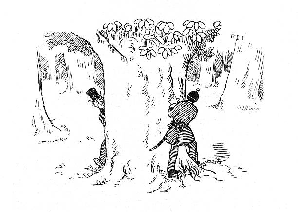 Illustration from the 19th century depicting two men in striped clothing hiding behind trees in a forest. One man wears a top hat and peeks out from behind a tree, while the other stands with his back turned, holding his hands up. The scene is set in a dense forest with various trees and foliage.