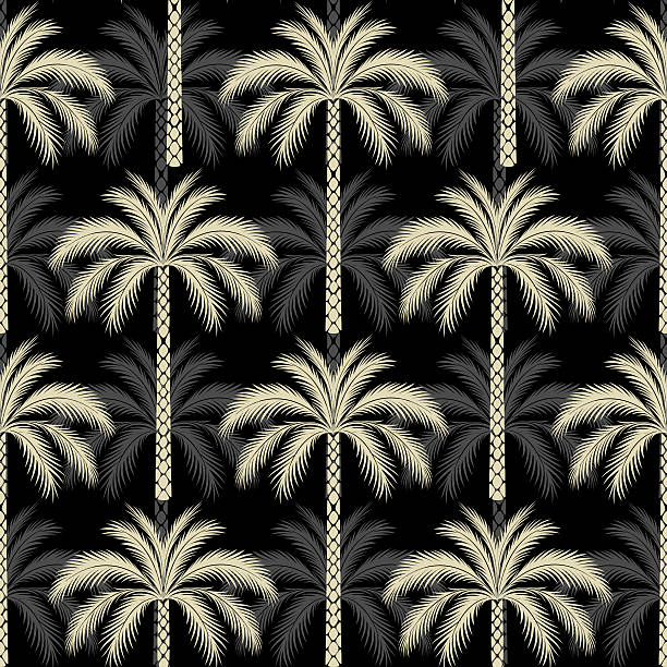 tropical palm tree seamless pattern in beige on black background. Elegant botanical design ideal for fabric, wallpaper, wrapping paper, and summer decor.