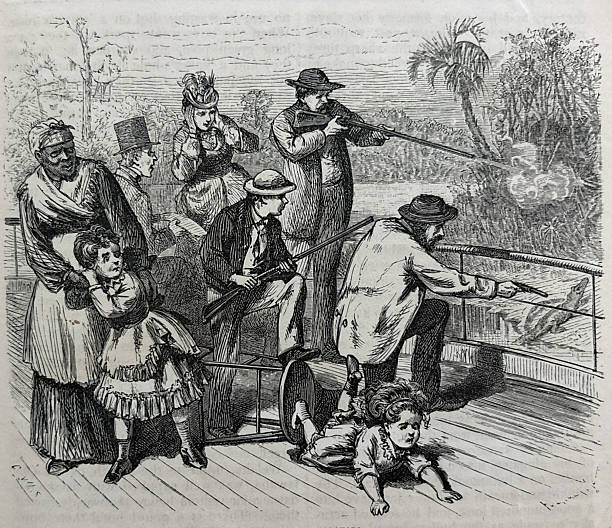Antique illustration pre 1900 - group of people on a deck in Florida - men shooting alligators