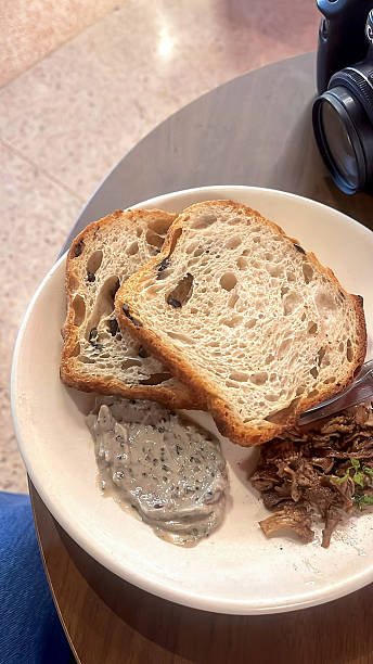 Rustic sourdough slices with creamy herb spread and shredded beef on plate, cozy casual meal scene