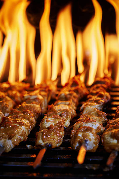 Chicken Skewers on BBQ Grill with Open Flames
