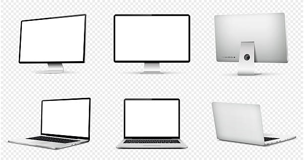 Realistic computer screen mockup. Laptop computer mockup different angles views. Realistic computer screen mockup. Laptop computer mockup different angles views. Vector illustration. watching laptop from behind stock illustrations