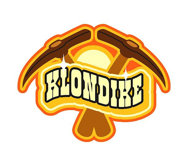 Klondike western and Wild West Y2K groovy sticker or retro print. Texas gold fever groovy vector label, Wild West history sticker. Western patch with miner crossed pick axes and golden typography text