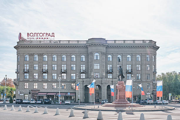 Volgograd, Russia - October 6, 2025: Historic Hotel Volgograd, originally Stolichnye Nomera , 1890, rebuilt in 1955. Grand example of Stalinist Empire architecture with pre-revolutionary details