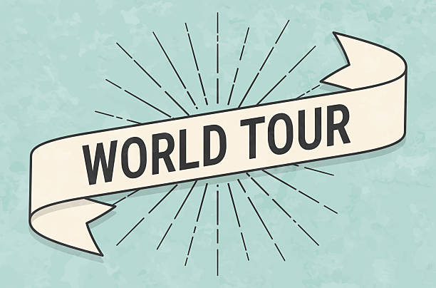 World Tour. Banner, ribbon, label in a trendy vintage style. Beautiful retro ribbon with old textured paper and sunbursts in the background. Colors used: green, blue, beige and black. The banner is beige with a black outline, the sunbursts and the text are black. The background is green-blue. Vector Illustration (EPS file, well layered and grouped). Easy to edit, manipulate, resize or colorize. Vector and Jpeg file of different sizes.