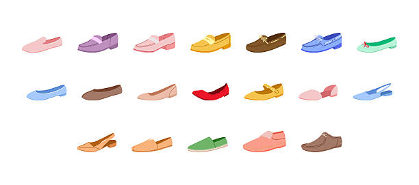 Color flat shoe single set. slingback, ballet flat, Mary Jane espadrille slip on, loafer styles for woman man unisex. Fashion footwear playful palette, flat vector illustration for pattern design.