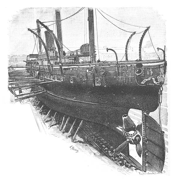 A detailed 19th-century engraving of a large ship in dry dock, undergoing repairs. The image showcases the ship's hull, propeller, and support structure, providing a glimpse into maritime engineering of the era.